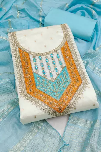 Women's white unstitched weaving thread sequence embroidery modal butti jacquard dress material (rnx5049sbl)
