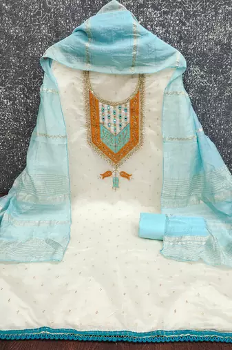 Women's white weaving thread sequence embroidery modal butti jacquard dress material