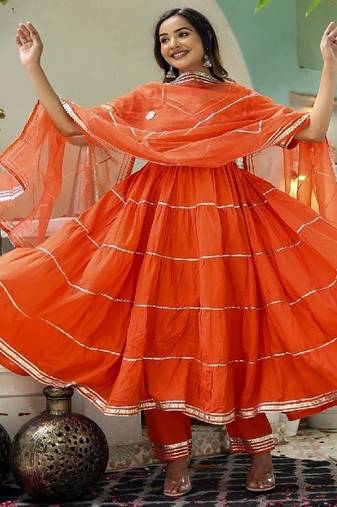 elegant orange cotton anarkali set with silver lace & organza dupatta