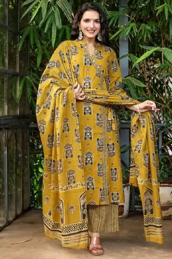 Mustard cotton printed angrakha kurti with pant & dupatta     mirror & hand work