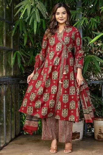 Maroon cotton printed angrakha kurti with pant & dupatta     mirror & hand work