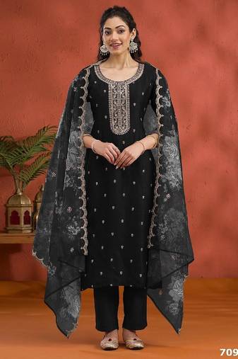 Elegant black cotton embroidered salwar suit with floral organza dupatta