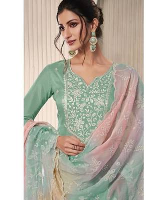 light green embroidered suit with organza dupatta 2