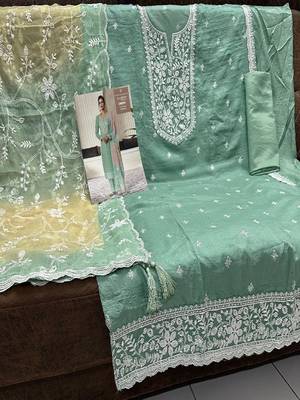 light green embroidered suit with organza dupatta 3