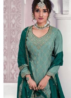 pastel green embroidered palazzo suit  2