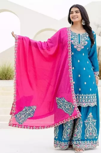 Blue and pink embroidered chinon silk sharara set