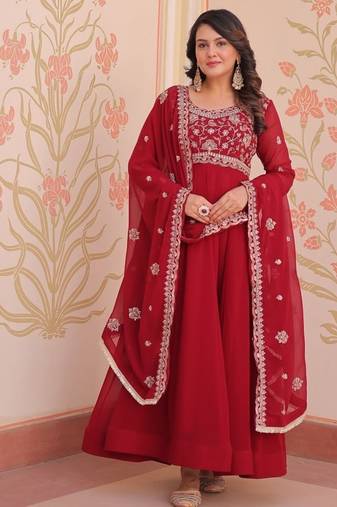 Red faux blooming anarkali suit with beads embroidery work,  long gown style with dupatta – women’s ethnic wear stitched