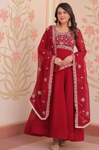 Red faux blooming anarkali suit with beads embroidery work,  long gown style with dupatta – women’s ethnic wear stitched