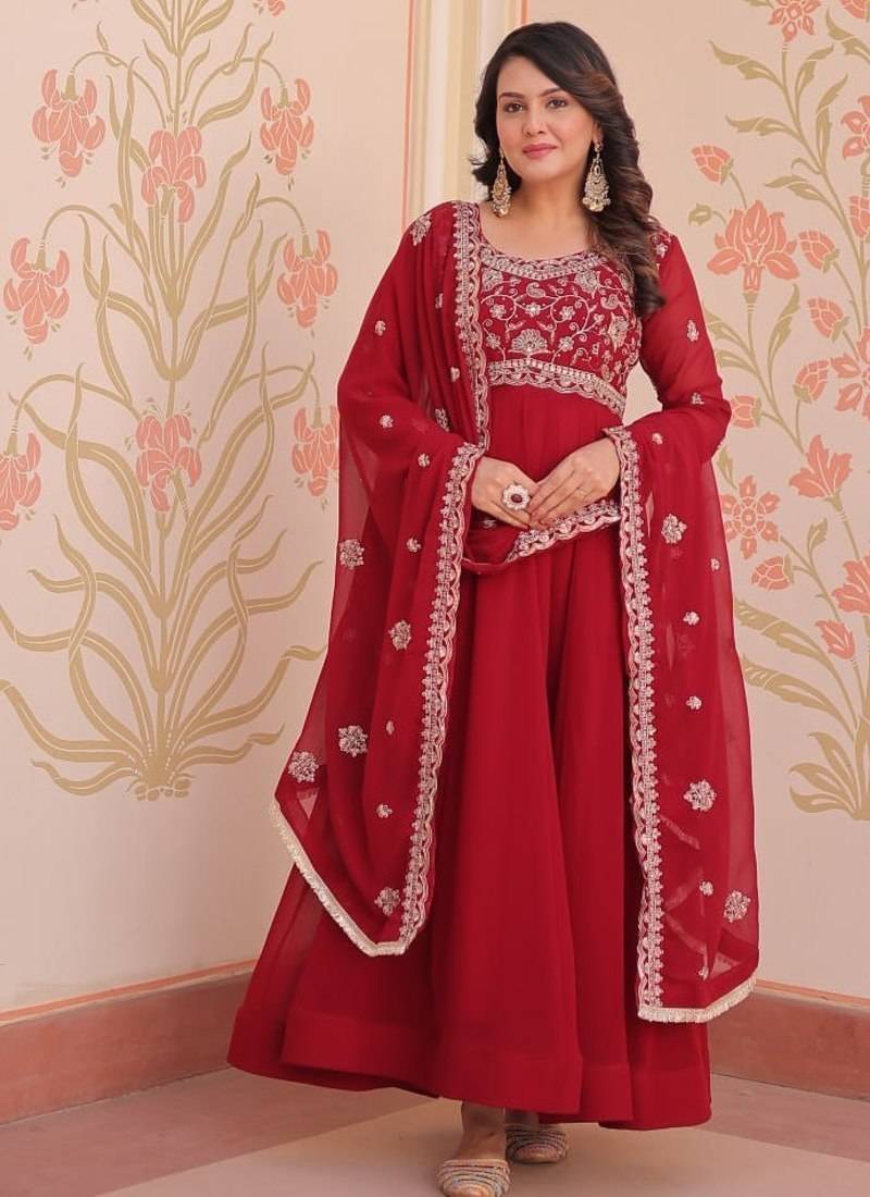 Red faux blooming anarkali suit with beads embroidery work,  long gown style with dupatta – women’s ethnic wear stitched