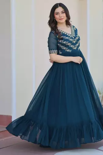 Rama faux blooming anarkali gown with sequins multithread beads embroidery, stitched long dress for women
