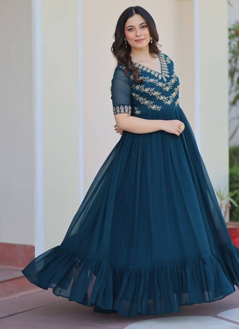 Rama faux blooming anarkali gown with sequins multithread beads embroidery, stitched long dress for women