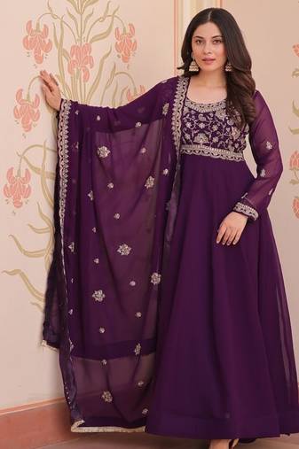 Purple faux blooming anarkali suit with embroidery work, long gown style with dupatta – women’s ethnic wear stitched