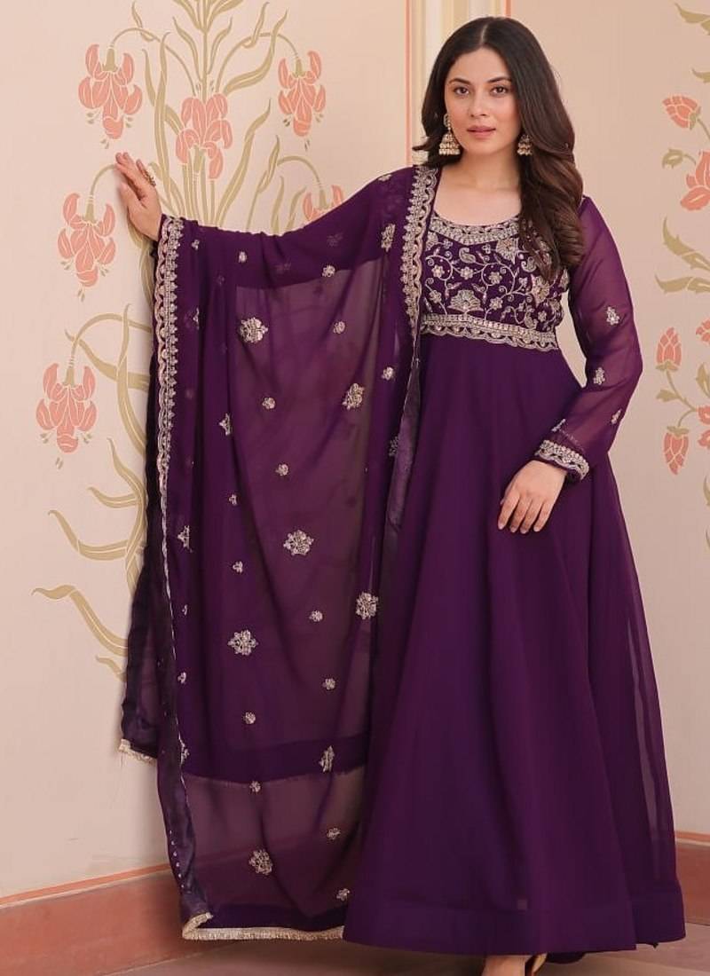 Purple faux blooming anarkali suit with embroidery work, long gown style with dupatta – women’s ethnic wear stitched