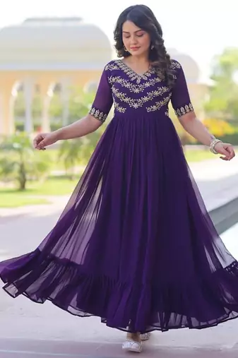 Purple faux blooming anarkali gown with sequins multithread beads embroidery, stitched long dress for women
