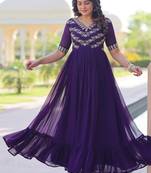 Purple faux blooming anarkali gown with sequins multithread beads embroidery, stitched long dress for women
