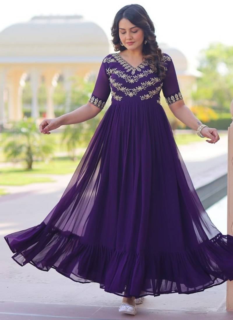 Purple faux blooming anarkali gown with sequins multithread beads embroidery, stitched long dress for women