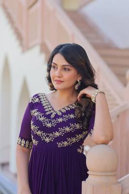 Purple faux blooming anarkali gown with sequins multithread beads embroidery, stitched long dress for women 4