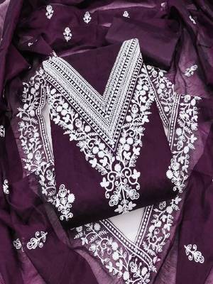 purple embroidered chanderi cotton dress material 1