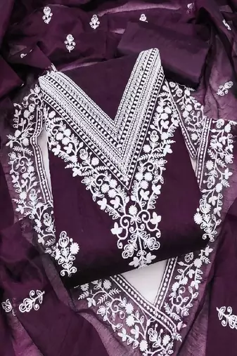 purple embroidered chanderi cotton dress material