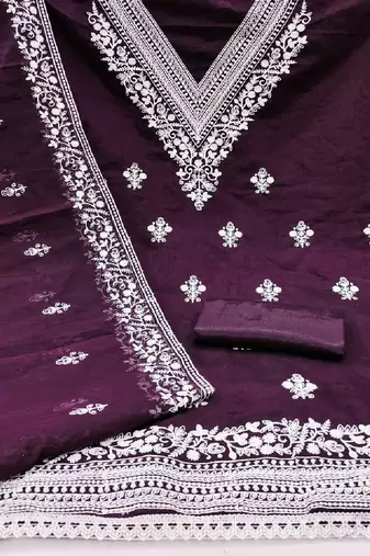 purple embroidered chanderi cotton dress material