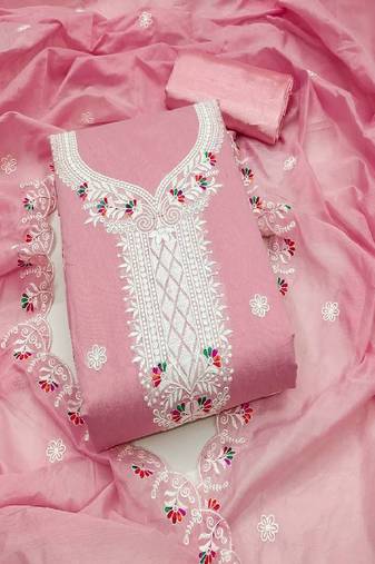 Women's pink unstitched heavy thread embroidered chanderi cotton dress material