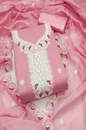 Women's pink unstitched heavy thread embroidered chanderi cotton dress material