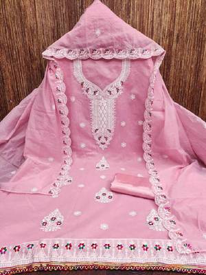 pink embroidered chanderi cotton dress material 2