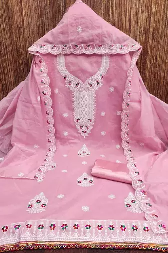 pink embroidered chanderi cotton dress material