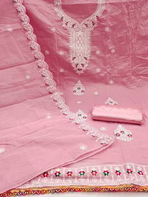 pink embroidered chanderi cotton dress material 3