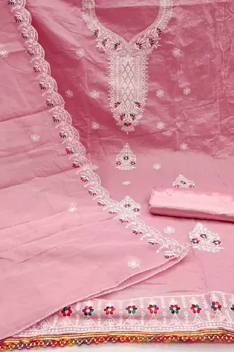 pink embroidered chanderi cotton dress material