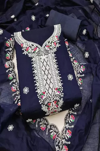 Women's blue unstitched heavy thread embroidered chanderi cotton dress material