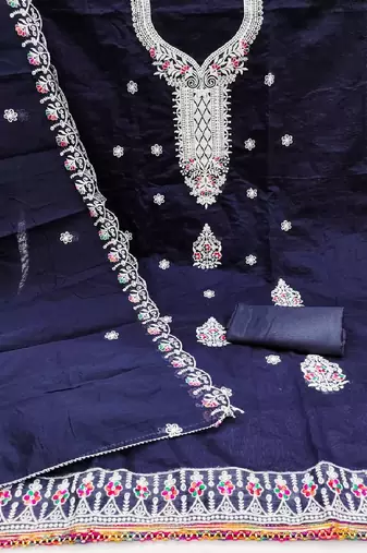 navy blue chanderi cotton dress material