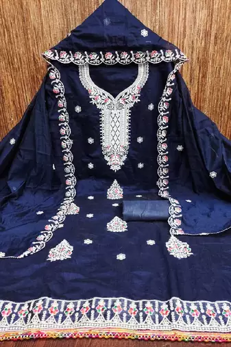 navy blue chanderi cotton dress material