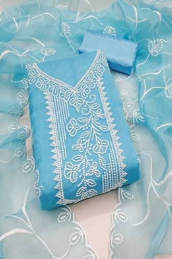 Women's sky blue unstitched heavy thread embroidered organza dress material