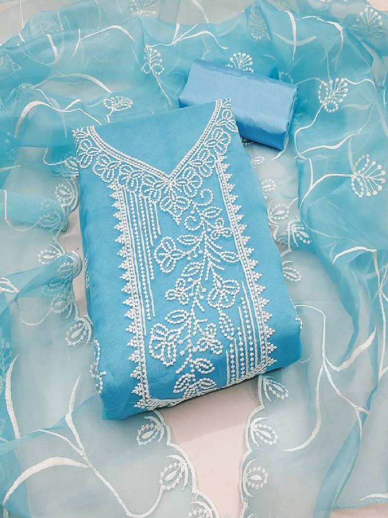 Women's sky blue unstitched heavy thread embroidered organza dress material