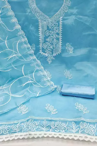 sky blue embroidered organza dress material