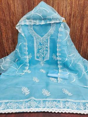 sky blue embroidered organza dress material 3