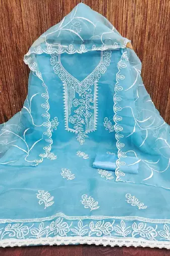 sky blue embroidered organza dress material