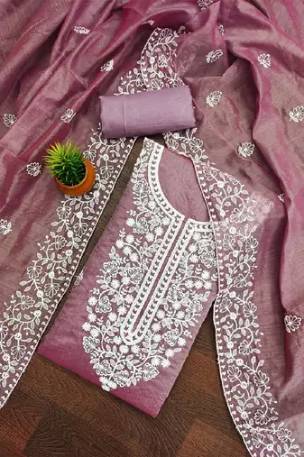 Women's mauve chanderi cotton white embroidered lucknowi chikankari style salwar suit dress material