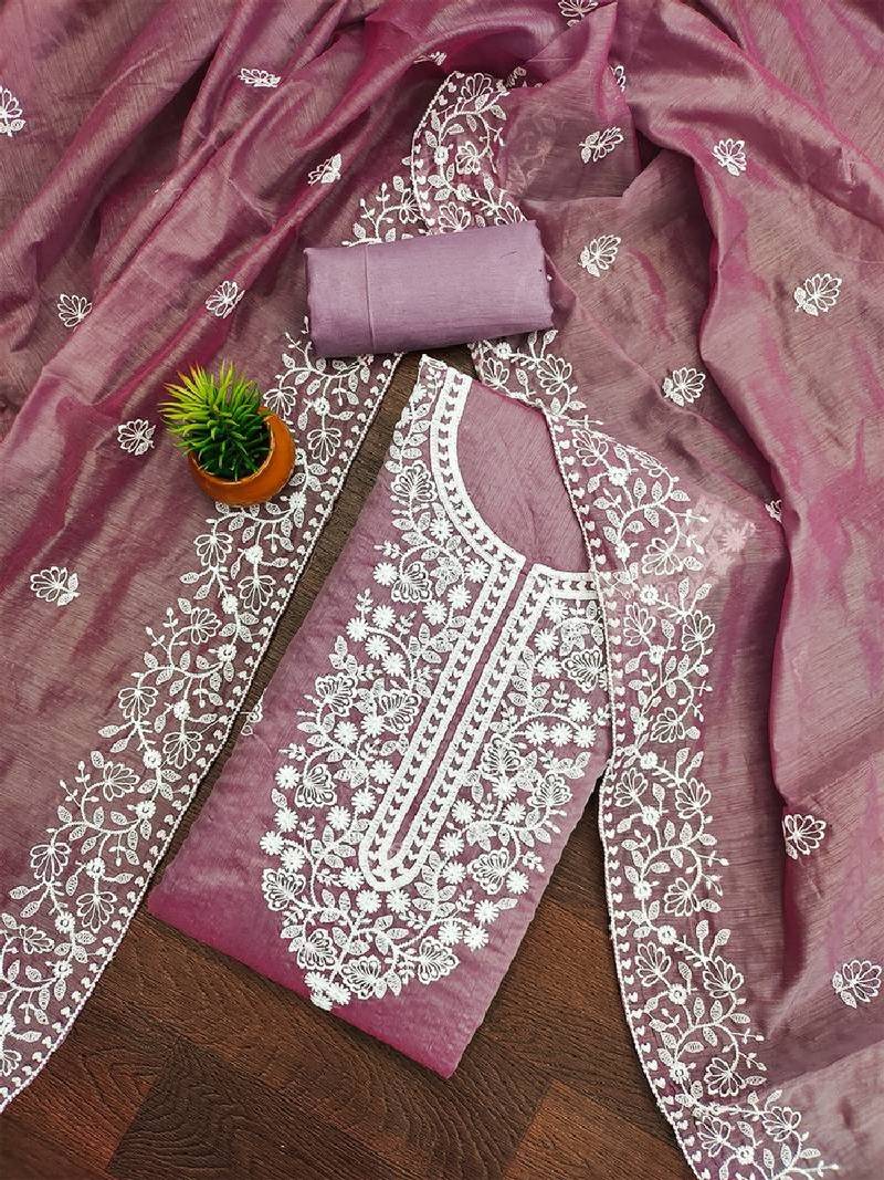 Women's mauve chanderi cotton white embroidered lucknowi chikankari style salwar suit dress material