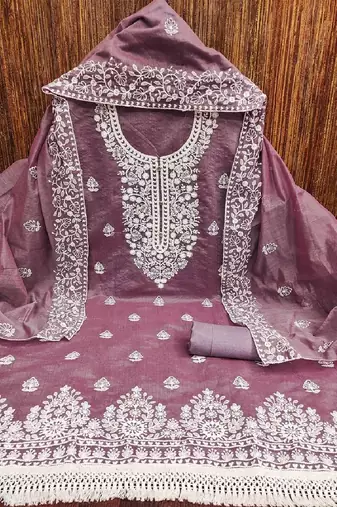pink chanderi cotton embroidered dress material
