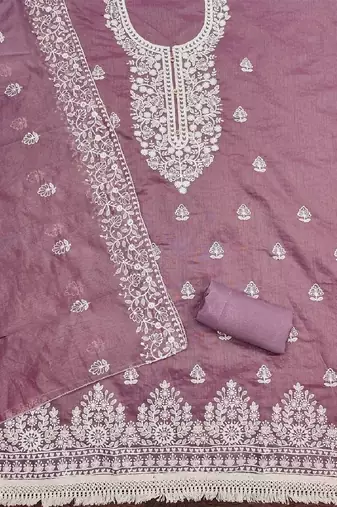 pink chanderi cotton embroidered dress material