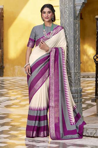 Lightweight Elegance Printed Poly Cotton Saree with Traditional Zari Weaving