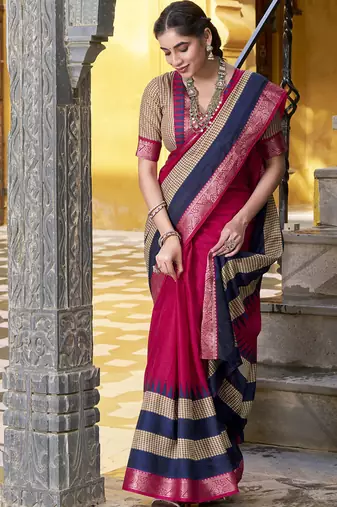 Lightweight Elegance Printed Poly Cotton Saree with Traditional Zari Weaving