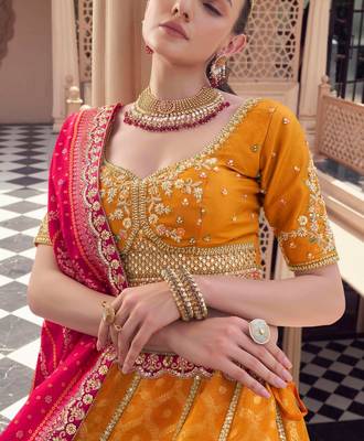 ORANGE ELEPHANT BOARDER BEADS WORK LEHENGA FOR WEDDING 3