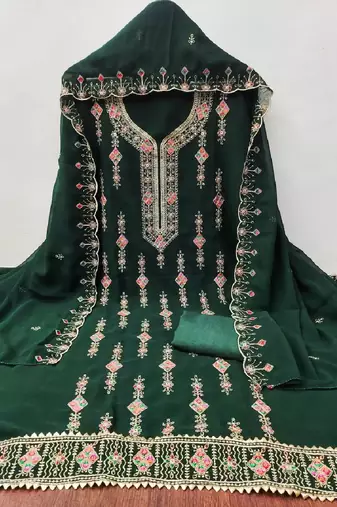 green embroidered georgette dress material