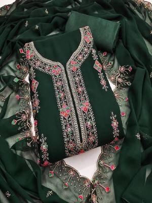 green embroidered georgette dress material 1