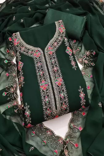 Women's green unstitched heavy thread embroidered georgette dress material