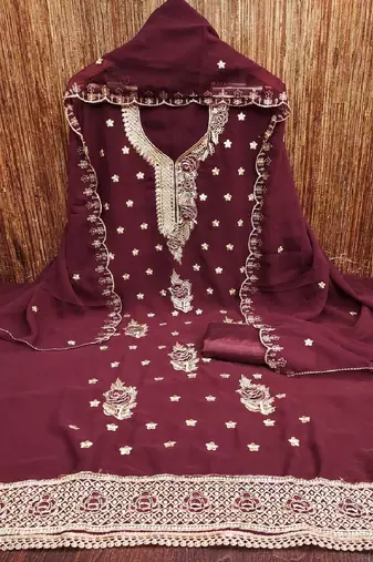 maroon embroidered georgette dress material