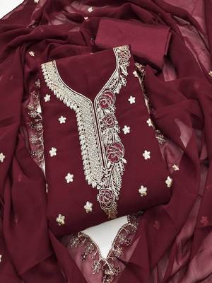 maroon embroidered georgette dress material 1